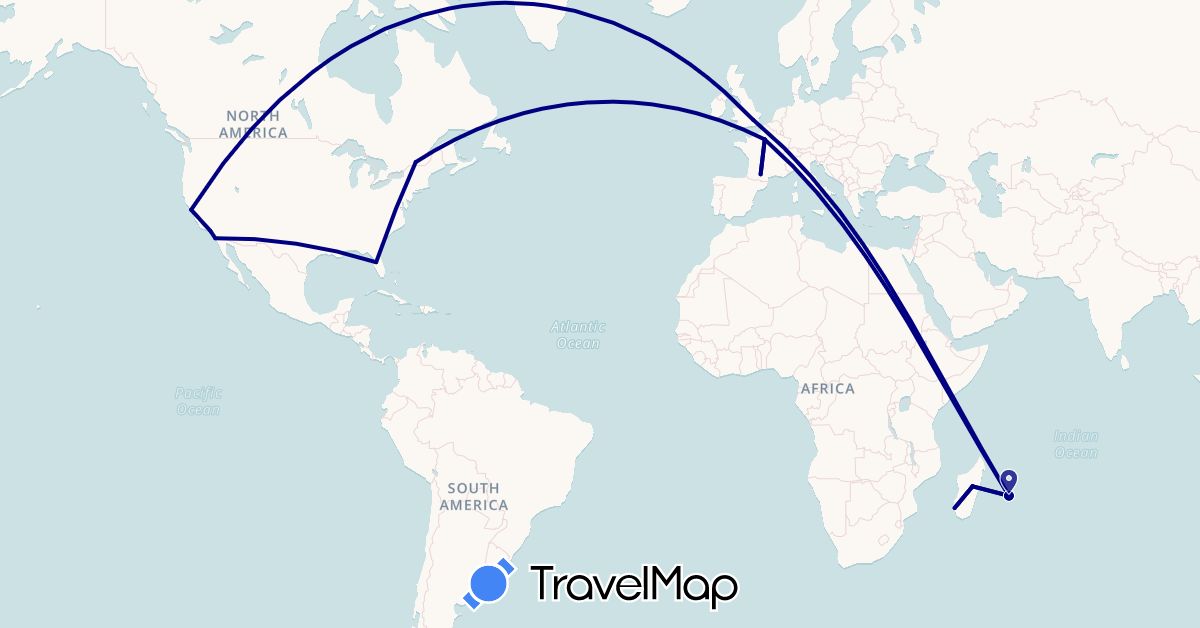 TravelMap itinerary: driving in Canada, France, United Kingdom, Madagascar, Réunion, United States (Africa, Europe, North America)